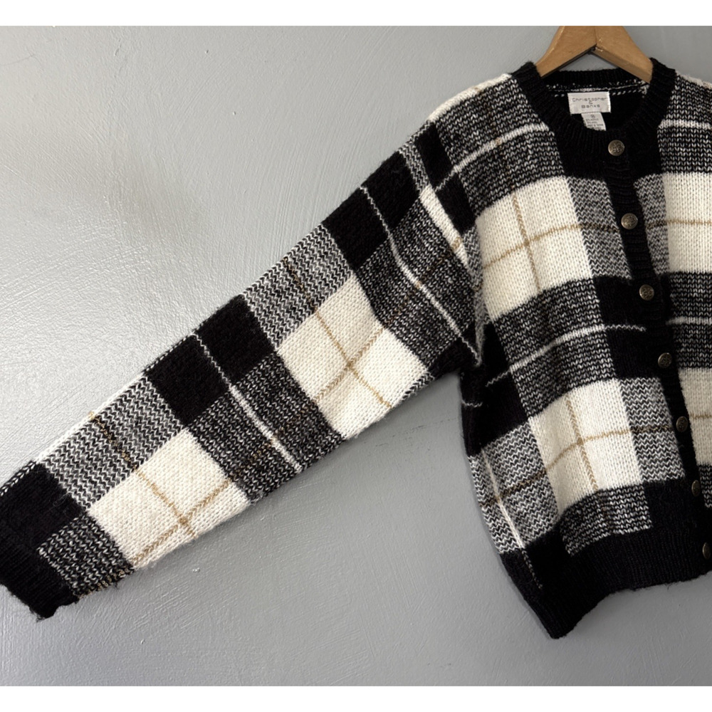 Vintage Boxy Plaid Sweater Size Medium Wool Cardigan Preppy Old Money Academia - Picture 2 of 8